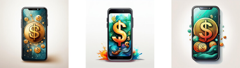 Poster - Three smartphones displaying a gold dollar sign surrounded by abstract colorful graphics.