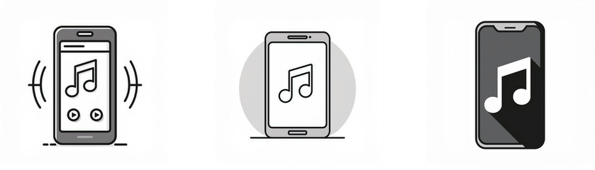 Poster - Three black and white illustrations of a smartphone with music notes on the screen.