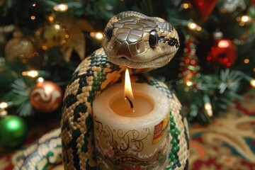 A vibrant snake curls around a lit candle, set against a festive background with colorful ornaments during the holiday season