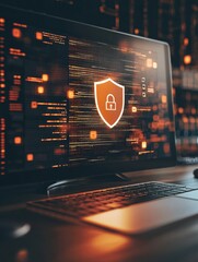 Aufkleber - A computer screen prominently features a shield and lock icon, signifying robust internet security while working late at night. Generative AI