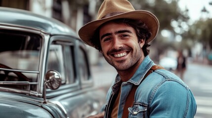 Smiling man in denim jacket with vintage car on a sunny day