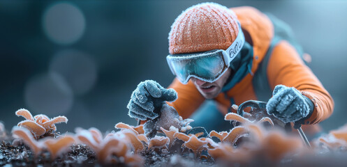 Wall Mural - A climber examines icy flora with snowy surroundings, showcasing a blend of adventure and winter exploration.