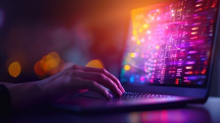 Wall Mural - a hand typing on a laptop with vibrant, colorful data visualizations on the screen, set against a bl
