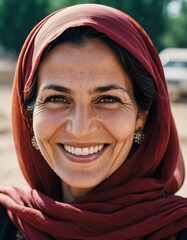 A joyful woman 45 years old from Afghanistan displays a bright smile while wearing traditional clothing. She stands confidently, embodying a sense of peace in her rural community. Generative AI