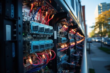 A close-up of server racks with illuminated components and colorful cables in a city setting.