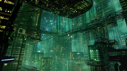 Wall Mural - digital interface with glowing turquoise circuits, pixelated patterns, and virtual data projections,