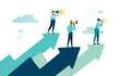 © Viktoria Kurpas - teamwork vision path goal success. study horizons company work finding ways develop. people stand profit, growth arrows look binoculars, big telescope spyglass in search new ideas vector illustration