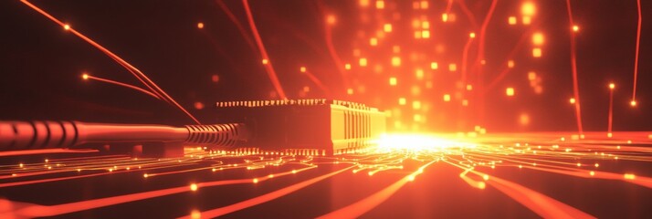 Fototapete - Network cables and a router are highlighted with vibrant glowing lines, creating a dynamic digital atmosphere. Generative AI