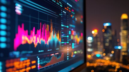 Wall Mural - a large monitor showing colorful financial charts and data metrics with a city skyline in the background Emphasis