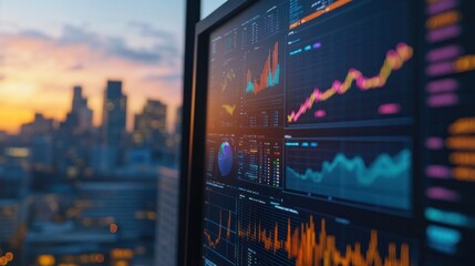 Wall Mural - a large monitor showing colorful financial charts and data metrics with a city skyline in the background Emphasis