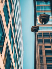 Poster - A contemporary office building features several surveillance cameras overlooking the busy urban landscape under a bright blue sky. Generative AI
