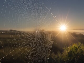 spider on the web in the sunrise 