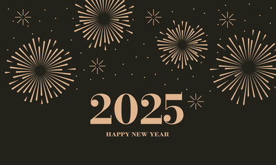 Elegant Happy New Year 2025 greeting with golden fireworks and stars on a dark brown background, celebrating the arrival of the new year. Concept for holiday decor, card, poster, banner, flyer