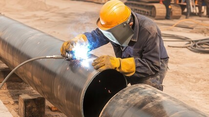 Worker in a hard hat using a welding torch to repair an oil pipeline at a construction site   pipeline repair, industrial welding, oil industry