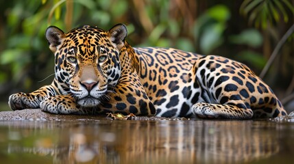 Animals in the wild, a jaguar resting on a riverbank in the rainforest