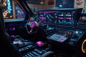 Cyberpunk-inspired dashboard with neon-lit financial metrics showing corporate decline, capturing the intense and futuristic look of failure indicators, symbolizing alertness and innovation