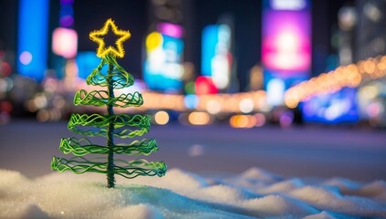 Wall Mural - Wire Christmas tree decoration with blurred city light background.