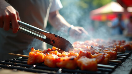 Chef Grilling Meat on Barbecue for a Lively Outdoor Party, BBQ Cooking Scene. 