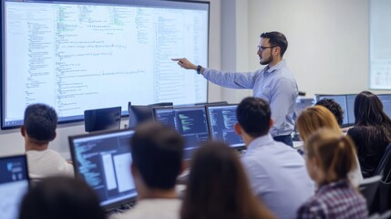 a group of employees participating in a cybersecurity training session, with a trainer pointing to a