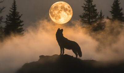 Silhouette of howling wolf with foggy background and full moon