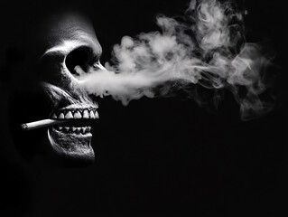 Wall Mural - Human skull smoking a cigarette with smoke trailing from its mouth set on a black background in monochrome creating an eerie atmosphere ideal for dark horror themes and mysterious visual concepts