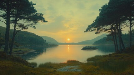 Sticker - Serene Sunset over a Tranquil Lake.