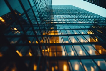 Aufkleber - A contemporary office building showcases surveillance cameras as twilight sets in, highlighting its illuminated windows amid a busy cityscape. Generative AI