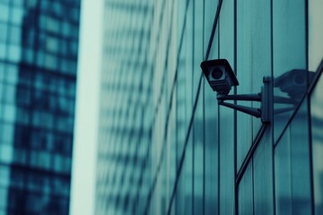 Poster - A surveillance camera is visible on the exterior of an office building, overseeing the surrounding area and capturing activities below. Generative AI