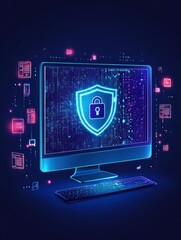 Aufkleber - Highlighting a computer monitor with a vibrant shield and lock icon, signifying strong internet security in a virtual workspace. Generative AI