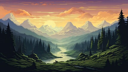 Wall Mural - Sunset in mountains