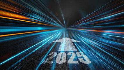  Panoramic high speed technology to the year 2025 in big city concept, light abstract background. Speed concept.