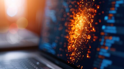 A laptop screen displays a vibrant digital design of glowing particles, representing data flow or coding activity in a tech environment.