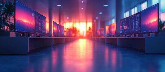 A row of computer monitors displaying data in a modern, illuminated workspace.