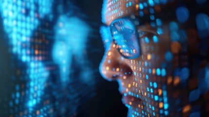 Wall Mural - a close-up of a person with glasses, illuminated by colorful digital data, representing technology, 
