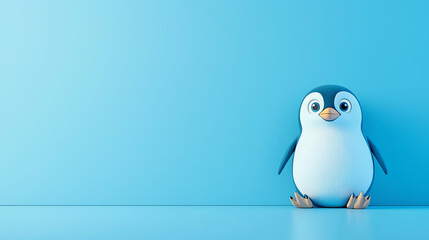 Baby penguin sitting by blank white board, icy theme, 3D illustration