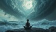 © Olga - Woman meditating peacefully during a stormy sea with dark clouds in the background