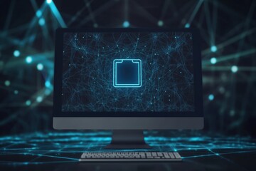 Leinwandbilder - The computer screen features a glowing protection icon against a backdrop of a digital network, emphasizing cybersecurity. Generative AI