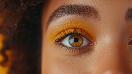 Close-up of black female with curly hair and vibrant yellow eyeshadow