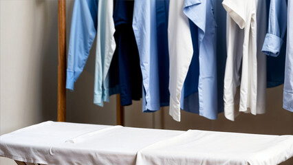 Close-up of a stack of washed, rumpled clothes and a hot steam iron on an ironing board. The concept of household chores, daily routine, clothes care.