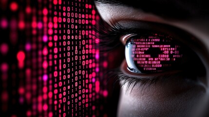 Close-up of an eye with a digital binary code reflection, showcasing technology and data interaction.