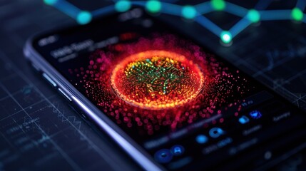 Wall Mural - a smartphone displaying a vibrant, colorful digital orb surrounded by data connections, suggesting t
