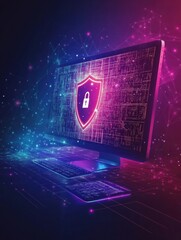 Aufkleber - A vibrant computer screen showcases a shield and lock symbol, highlighting enhanced online security measures in a digital environment. Generative AI