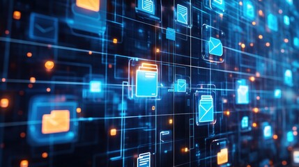 Abstract network grid with icons of files and folders floating in a virtual space symbolizing a digital document storage system,