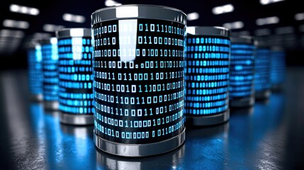 Data storage with binary code on metallic cylinders, illuminated by blue lights.