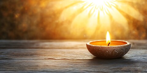 Wall Mural - burning candle on wooden table plain textured background for web design and copy
