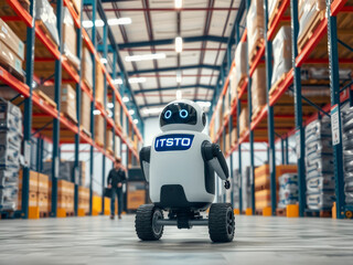 A robot is standing in a warehouse with the letters ITSTO on its chest. The robot is white and has blue letters