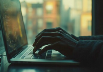 close-up of hands typing on laptop with coding screen in urban setting