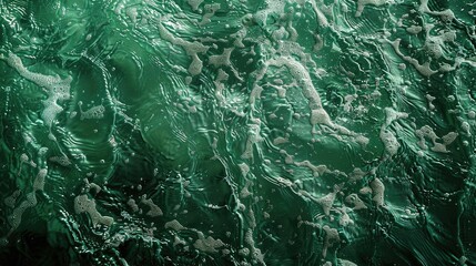 Wall Mural - Abstract summer background of clear dark green water with ripples and splashes. Top view with space for text. Skincare product in water.