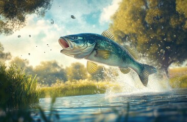 Wall Mural - A large-mouth bass jumping out of the water, with a background of a lake and forest.