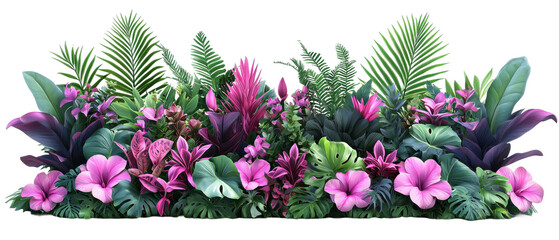 Fototapete - Vibrant tropical foliage arrangement featuring lush purple and green plants with delicate pink flowers on a transparent background